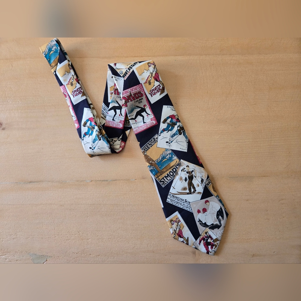 Mario Valentino Novelty Ski Print Silk Tie – Made in USA